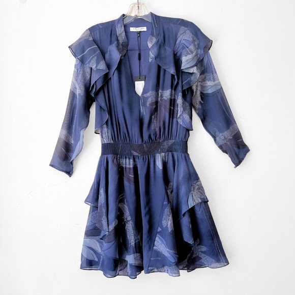 NEW! HALSTON HERITAGE 100% Silk Flutter Floral print Dress, Blue Moon, Sz 0 - Picture 7 of 15